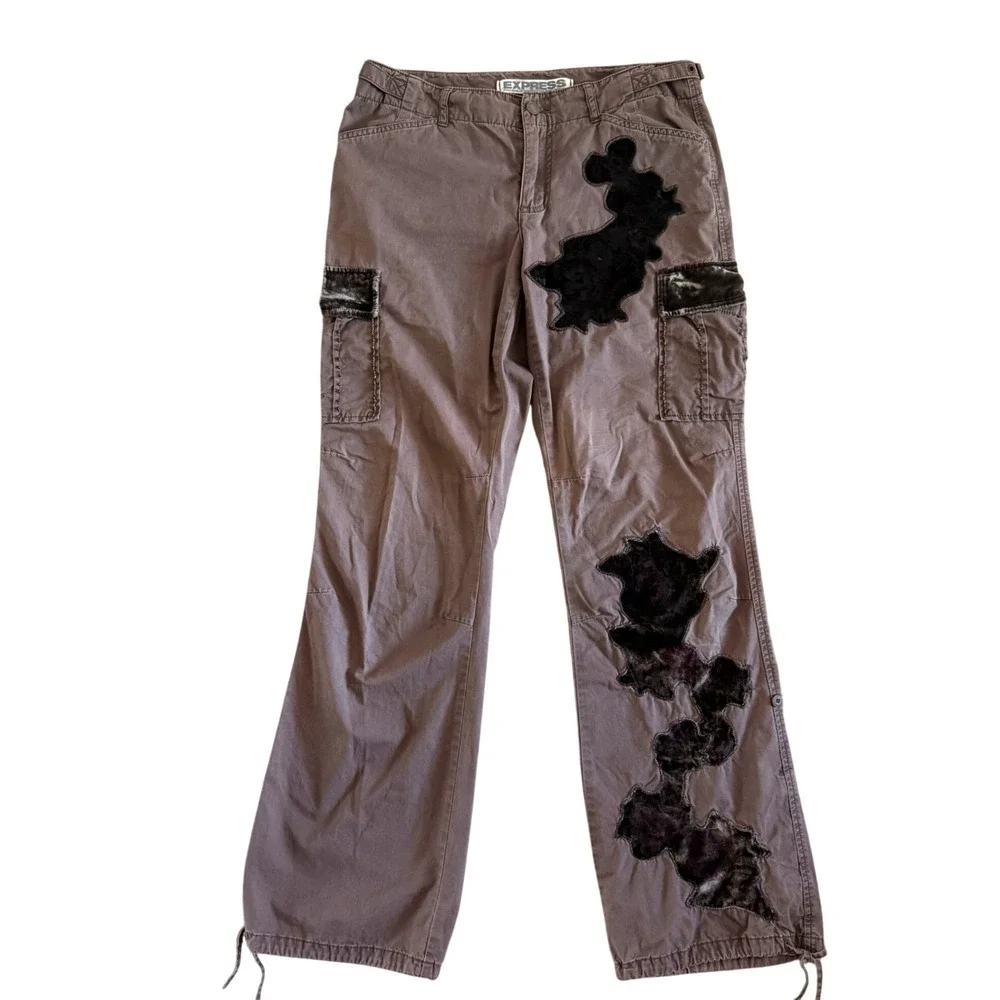 Express Vintage Y2K Cargo Pants sz 6 Velvet Patch Beaded Mauve Taupe Utility